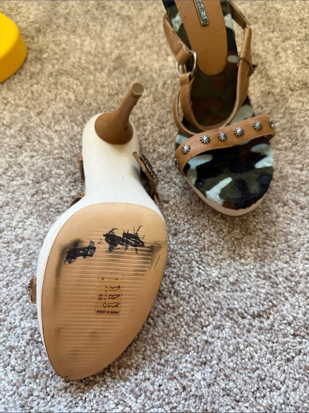 Studded Camouflage Slingback Heels in Tan